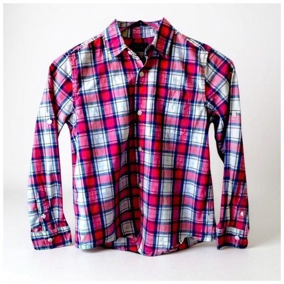 The Childrens Place Plaid Button-Down Shirt. Red, Pink, Blue, Gray. 10/12 - Picture 3 of 10
